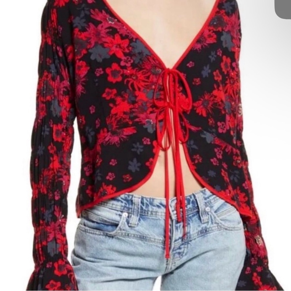 Free People Black Floral Tie-Front Crop Top with Red Trim